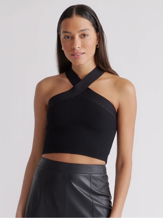 Quince Tops - Quince Black Ribbed Cross-Strap Crop Top